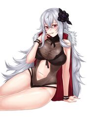  azur_lane baeg_mi black_one-piece_swimsuit breasts cleavage commentary_request female finger_to_mouth flower graf_zeppelin_(azur_lane) graf_zeppelin_(beachside_urd)_(azur_lane) grey_hair hair_flower hair_ornament highres large_breasts long_hair looking_at_viewer official_alternate_costume one-piece_swimsuit photoshop_(medium) red_eyes smile solo swimsuit white_background white_hair 