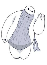  arm_at_side baymax big_hero_6 commentary full_body hand_up looking_at_viewer meme_attire monochrome no_humans no_pants ribbed_sweater simple_background sleeveless solo standing sweater tomo_(torauto_saamon) virgin_killer_sweater white_background 