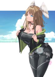  bare_shoulders black_bodysuit black_choker black_jacket blue_eyes bodysuit breast_tattoo breasts brown_hair choker cleavage cloud eunie_(xenoblade) female head_wings highres hood jacket jacket_partially_removed large_breasts long_hair looking_at_viewer medium_hair off_shoulder one_eye_closed open_clothes open_jacket revvie sky solo sweat sweatdrop tattoo white_wings wings xenoblade_chronicles_(series) xenoblade_chronicles_3 