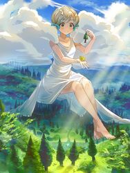  bad_id bad_twitter_id bare_legs barefoot blonde_hair blush bow cloud cloud_hair dress female floating forest giant giantess hairbow handa_roco highres holding idolmaster idolmaster_million_live! nature oi! outdoors solo twintails white_dress yellow_eyes 