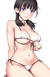  arm_behind_back bikini blush breasts brown_hair closed_mouth dot_nose embarrassed female highres large_breasts legs_together looking_at_viewer low_twintails medium_hair original purple_eyes saigado seiza signature simple_background sitting solo swimsuit twintails white_background white_bikini 