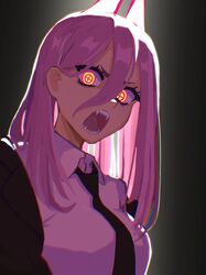  breasts chainsaw_man commentary cross-shaped_pupils demon_girl demon_horns female glowing glowing_eyes hair_between_eyes hcnone highres horns jacket long_hair looking_at_viewer necktie open_mouth pink_hair power_(chainsaw_man) sharp_teeth shirt solo symbol-shaped_pupils teeth white_shirt yellow_eyes 