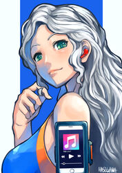  airpods blue_background blush breasts cellphone digital_media_player earbuds earphones female from_side green_eyes hasegawa_(morebeer) highres ios_(os) iphone large_breasts light_smile long_hair looking_at_viewer original outside_border phone signature sleeveless smartphone smile solo twirling_hair upper_body wavy_hair white_hair wireless_earphones 