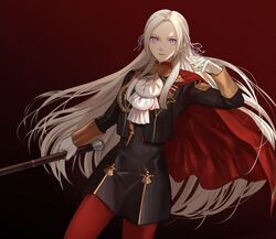  aiguillette ashiwara_yuu black_dress black_jacket breasts cape closed_mouth commentary cowboy_shot dress edelgard_von_hresvelg female fire_emblem fire_emblem:_three_houses garreg_mach_monastery_uniform gloves gradient_background hair_ribbon highres holding holding_weapon jacket lips long_hair looking_at_viewer pantyhose parted_bangs purple_eyes red_background red_cape red_pantyhose ribbon short_dress simple_background small_breasts solo straight_hair very_long_hair weapon white_gloves 