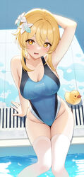  :d absurdres arm_support arm_up bangs bare_arms blonde_hair blush breasts character_name cleavage competition_swimsuit crossed_bangs feet_out_of_frame female flower fukuro_daizi genshin_impact groin hair_flower hair_ornament highleg highleg_swimsuit highres lane_line large_breasts looking_at_viewer lumine_(genshin_impact) multicolored_clothes multicolored_swimsuit one-piece_swimsuit poolside rubber_duck short_hair_with_long_locks signature sitting smile soaking_feet solo sparkle swimsuit thighhighs thighs twitter_username water wet wet_clothes wet_swimsuit white_flower white_thighhighs yellow_eyes 