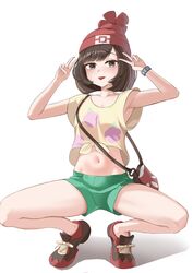  absurdres bare_legs beanie blush brown_eyes brown_hair commentary double_v eyelashes female floral_print green_shorts hands_up hat highres looking_at_viewer lovehaejo medium_hair navel pokemon pokemon_sm red_hat selene_(pokemon) shirt shoes short_shorts short_sleeves shorts solo spread_legs squatting t-shirt tied_shirt tongue tongue_out v white_background 