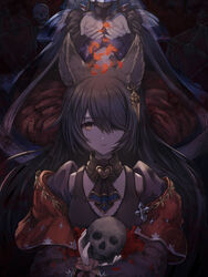  1other animal_ears black_hair coffee1223 commentary_request death_(granblue_fantasy) earrings erune falling_petals female granblue_fantasy hair_over_one_eye highres holding holding_skull jewelry long_hair nier_(granblue_fantasy) petals red_eyes skeleton skull smile veil 