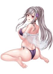  ass azur_lane baeg_mi barefoot bikini blush commentary_request dunkerque_(azur_lane) dunkerque_(summer_sucre)_(azur_lane) female flower grey_hair hair_flower hair_ornament hairband highres long_hair official_alternate_costume open_mouth photoshop_(medium) red_eyes simple_background sitting smile solo swimsuit white_background 