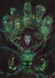  6+boys black_background black_hair bow bowtie chains facial_tattoo ghost glowing green_background green_eyes grin highres lamp league_of_legends long_hair looking_at_viewer male_focus multiple_boys smile solo_focus tattoo teeth thresh_(league_of_legends) unbound_thresh upper_body zoe_(crownsforkings) 