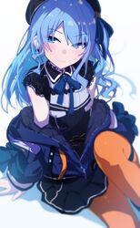  absurdres arm_support belt beret black_hat blue_eyes blue_hair blue_ribbon blush closed_mouth coat commentary female hat highres hololive hoshimachi_suisei hoshimachi_suisei_(casual) knee_up lace-trimmed_sleeves lace_trim long_hair looking_to_the_side off_shoulder official_alternate_costume official_alternate_hair_length official_alternate_hairstyle one_side_up orange_pantyhose pantyhose ribbon short_sleeves simple_background solo thighs tsurime virtual_youtuber wavy_hair white_background winter_clothes winter_coat xiaowei_(xxx29042536) 