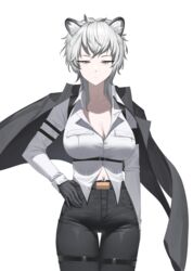  absurdres animal_ear_fluff animal_ears arknights belt black_jacket black_pants breasts cleavage closed_mouth collarbone collared_shirt expressionless female genderswap_(mtf) grey_eyes grey_hair hand_on_own_hip highres jacket jacket_on_shoulders large_breasts leopard_ears long_sleeves looking_at_viewer navel pants rule_63 shirt siguya silverash_(arknights) silverash_(elite_ii)_(arknights) simple_background solo thigh_gap thigh_strap underbust white_background white_shirt 