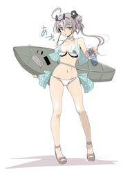  ahoge aircraft airplane akitsushima_(kancolle) akitsushima_(swimsuit_mode)_(kancolle) bikini bottle breasts commentary_request female flying_boat full_body grey_hair h8k highres kantai_collection large_breasts long_hair looking_at_viewer nishikitaitei-chan purple_eyes purple_hair sandals shadow side_ponytail swimsuit tada_(tactical_tada) water_bottle white_background white_bikini 