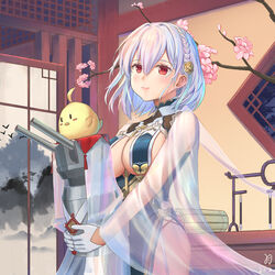  azur_lane bamboo_scroll bird blush braid branch breast_curtains breasts cherry_blossoms chick china_dress chinese_clothes chinese_commentary cleavage closed_mouth dress female flower garter_straps gloves grey_dress hair_between_eyes hair_flower hair_ornament half_gloves highres huanghyy large_breasts lattice long_hair looking_at_viewer manjuu_(azur_lane) official_alternate_costume pelvic_curtain photoshop_(medium) red_eyes revealing_clothes ribbon_between_breasts see-through short_hair side_braid sideboob sirius_(azur_lane) sirius_(azure_horizons)_(azur_lane) smile turret white_gloves white_hair window 