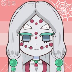  breasts cleavage collarbone eyebrows eyelashes female grey_eyes jewelry jitian_jihao kimetsu_no_yaiba long_hair mother_spider_demon_(kimetsu_no_yaiba) neck necklace non-web_source red_circle self-upload silk solo spider_web white_hair 