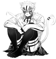  1boy akaza_(kimetsu_no_yaiba) animal_ears between_legs blush cat_boy cat_ears cat_tail cat_teaser collarbone collared_shirt colored_sclera contemporary convenient_leg crossdressing embarrassed extra_ears eyelashes facial_mark facial_tattoo full-body_tattoo full_body greyscale highres holding kimetsu_no_yaiba knees_up lins_sana looking_at_viewer male_focus monochrome no_shoes plant school_uniform shirt short_hair simple_background sitting skirt sleeves_rolled_up solo striped_tail tail tattoo text_in_eyes toned toned_male twitter_username 