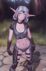  armor artist_name bikini_armor black_thighhighs boots braid breasts brown_gloves closed_mouth colored_skin commentary elf feet_out_of_frame female gloves grey_eyes grey_hair highres looking_at_viewer navel night_elf_(warcraft) outdoors personal_ami pink_skin pointy_ears shadow short_sleeves small_breasts solo standing thigh_armor thighhighs thighhighs_under_boots twin_braids warcraft world_of_warcraft 