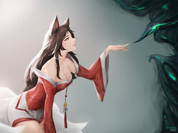  ahri_(league_of_legends) animal_ears artist_name artstation_username black_hair breasts cheesewoo cleavage colored_smoke dress facial_mark female fox_ears fox_girl fox_tail from_side hair_over_shoulder hand_up highres kitsune korean_clothes kyuubi large_breasts league_of_legends long_hair looking_up multiple_tails outstretched_arm parted_lips pointing profile short_dress smoke solo tail tassel whisker_markings yellow_eyes 