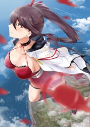  absurdly_long_hair aircraft azur_lane blurry blurry_foreground breasts cleavage dress female flying full_body high_ponytail highres japanese_clothes kimono large_breasts long_hair okame._(okame124) open_clothes open_kimono outdoors red_dress short_dress solo very_long_hair water white_kimono yellow_eyes zuikaku_(azur_lane) 