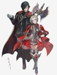  1boy armor armored_boots black_cape black_coat black_gloves black_hair black_pants blonde_hair boots cape coat edelgard_von_hresvelg female fire_emblem fire_emblem:_three_houses full_body gloves hair_over_one_eye hair_up halberd hand_up highres holding holding_polearm holding_weapon hubert_von_vestra labraunda_(fire_emblem) looking_at_another pants parted_bangs polearm purple_eyes red_cape simple_background suikomu_now thigh_boots thighhighs translated twitter_username weapon white_background white_gloves yellow_eyes 