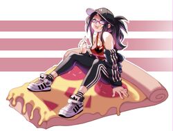  :p absurdres adidas baseball_cap daikou-chan female food full_body glasses hat highres indie_virtual_youtuber jacket kson middle_finger nisego on_food pants pizza pizza_slice ponytail semi-rimless_eyewear shoes sneakers solo tank_top tongue tongue_out track_jacket track_pants under-rim_eyewear virtual_youtuber 