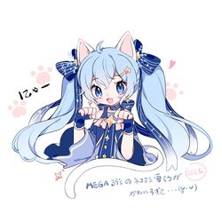  animal_ears artist_name blue_dress blue_eyes blue_gloves cat_day cat_ears cat_tail chibi commentary dress earrings female fingerless_gloves gloves hair_ornament hair_ribbon hairclip hands_up hatsune_miku jewelry light_blue_hair long_hair looking_at_viewer musical_note musical_note_print nishina_hima nyan oerba_yun_fang open_mouth paw_background paw_pose ribbon skin_fang smile snowflake_hair_ornament solo staff_(music) star star_earrings star_hair_ornament star_print tail translated treble_clef twintails upper_body very_long_hair vocaloid white_background wide_sleeves yuki_miku yuki_miku_(2017) 