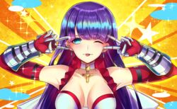  absurdres bad_id bad_pixiv_id bare_shoulders bikini blunt_bangs blush breasts choker cleavage closed_mouth collarbone cross cross_choker double_v earrings elbow_gloves emotional_engine_-_full_drive fate/grand_order fate_(series) female frilled_bikini frills gauntlets gloves hands_up highres jewelry large_breasts long_hair looking_at_viewer martha_(fate) martha_(swimsuit_ruler)_(fate) martha_(swimsuit_ruler)_(third_ascension)_(fate) one_eye_closed parody purple_hair red_bikini red_gloves rlf_00 smile solo sparkle star_(symbol) straight_hair striped striped_background swimsuit tongue tongue_out two-tone_bikini v white_bikini yellow_background 