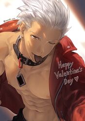  1boy abs archer_(cool_and_wild)_(fate) archer_(fate) bara bare_pectorals brown_eyes candy chocolate collar commentary dark-skinned_male dark_skin fate/extra fate/extra_ccc fate/grand_order fate/stay_night fate_(series) food food_in_mouth happy_valentine heart heart-shaped_chocolate jacket large_pectorals looking_at_viewer male_focus mondi_hl muscular muscular_male navel nipples official_alternate_costume one_eye_closed open_clothes open_jacket pectorals red_jacket short_hair solo symbol-only_commentary twitter_username white_hair 