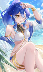  absurdres bare_shoulders beach bikini blue_hair blue_jacket blue_sky bracelet cloud commentary_request day earrings feet_out_of_frame female genshin_impact highres jacket jewelry layla_(genshin_impact) looking_at_viewer mugita_(mokankan) ocean off_shoulder one_eye_closed outdoors parted_lips partial_commentary pointy_ears ponytail sitting sky solo stomach swimsuit thighlet thighs water white_bikini yellow_eyes 