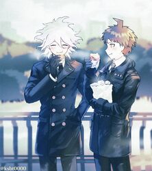  2boys ahoge artist_name bad_id bad_twitter_id black_gloves black_jacket black_pants blush brown_eyes brown_hair closed_eyes commentary_request danganronpa_(series) danganronpa_2:_goodbye_despair eating food gloves hair_between_eyes hajime_(gitoriokawaii) hinata_hajime jacket komaeda_nagito long_sleeves looking_at_another male_focus multiple_boys necktie outdoors pants short_hair smile white_hair 