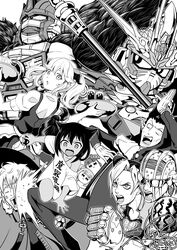  4boys 5girls absurdres aletta beast_wars beast_wars:_transformers collarbone crossover dark-skinned_female dark_skin double_bun draluc_(kyuuketsuki_sugu_shinu) dress greyscale gundam hair_bun highres holding holding_tray horns isekai_shokudou jahy jahy-sama_wa_kujikenai! jojo_no_kimyou_na_bouken kamizono_(spookyhouse) kujo_jolyne kyuuketsuki_sugu_shinu looking_up maid_headdress maximal mecha monochrome multiple_boys multiple_crossover multiple_girls off_shoulder open_mouth optimus_primal parted_lips pipimi pointy_ears poptepipic popuko robot ronaldo_(kyuuketsuki_sugu_shinu) sd_gundam sd_gundam_world_heroes stand_(jojo) stone_free stone_ocean sweater transformers tray twintails v-shaped_eyebrows wukong_impulse_gundam 