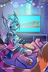  anthro battlestar_galactica_(series) bed blue_light bowl colored console container controller detailed_background digital_media_(artwork) domestic_cat electronics english_text felid feline felis female food fur furniture grey_nose hi_res inside ivory_(derideal) kiaun letters looking_at_viewer looking_back mammal open_mouth outline pink_light popcorn portrait remote_control shaded signature solo stands supports symbol teeth television text tongue url wall_(structure) yellow_light 