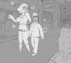  absurd_res anthro big_breasts braixen breasts clothed clothing dr._voir duo_focus eyewear fan_character female gardevoir generation_3_pokemon generation_6_pokemon glasses group hi_res human humanoid male mall mammal monochrome nano_(nanosheep) nintendo not_furry_focus oofrowdy pokemon pokemon_(species) trainer 