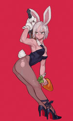  absurdres animal_ears arm_up armpits battle_bunny_riven black_footwear black_leotard black_necktie boridongja breasts carrot covered_navel cuffs detached_collar female full_body gloves grey_hair high_heels highres large_breasts league_of_legends leotard mole mole_on_armpit necktie pantyhose playboy_bunny rabbit_ears rabbit_paws rabbit_tail red_background riven_(league_of_legends) simple_background single_glove solo standing tail torn_clothes torn_pantyhose 