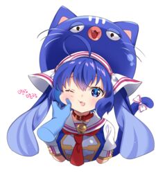  animal_ears arami_o_8 bad_id bad_twitter_id bell blue_eyes blue_hair blue_shirt blush bow cat_day cat_ears cat_tail cheek_pinching collar commentary cropped_torso disembodied_hand eel_hat female furrowed_brow hair_ornament korean_commentary korean_text long_hair looking_at_viewer neck_bell necktie oerba_yun_fang one_eye_closed open_mouth otomachi_una otomachi_una_(sugar) pinching pov pov_hands red_necktie sailor_collar shirt short_sleeves skin_fang tail tail_bow tail_ornament twintails upper_body very_long_hair vocaloid white_background 