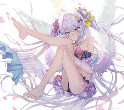  ahoge angel_wings armpit_crease ass azusa_(blue_archive) azusa_(swimsuit)_(blue_archive) backlighting bare_legs bare_shoulders barefoot bikini blue_archive closed_mouth commentary dot_mouth feathered_wings feet female floating_hair flower frilled_bikini frills full_body grey_hair hair_flower hair_ornament hair_ribbon hair_spread_out halo jewelry knees_up leg_up legs long_hair looking_at_viewer makkuro necklace official_alternate_costume pink_ribbon polka_dot polka_dot_ribbon ribbon sitting solo swimsuit thighs toenails toes twitter_username two_side_up very_long_hair white_wings wings yellow_ribbon 