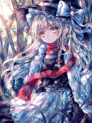  absurdres apron black_dress black_hat blonde_hair blush bow braid bush buttons dress female forest frilled_dress frills gloves hairbow hat hat_bow highres kirisame_marisa long_hair long_sleeves nature outdoors puffy_long_sleeves puffy_sleeves red_bow red_scarf scarf shirt solo suzushina touhou tree twitter_username waist_apron white_bow white_gloves white_shirt witch_hat yellow_eyes 