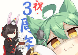  2girls :3 abacus afterimage ahoge akashi_(azur_lane) animal_ears anniversary azur_lane bad_id bad_pixiv_id black_hair black_kimono blunt_bangs blush bright_pupils cat_ears choker closed_mouth commentary cowboy_shot diagonal_bangs dress empty_eyes expressionless fake_animal_ears flame_print green_hair hair_between_eyes hair_ornament hair_over_one_eye hair_ribbon half_updo highres holding_abacus japanese_clothes jitome kimono kin&#039;iro_dojo long_hair long_sleeves looking_at_viewer mole mole_under_eye multiple_girls obiage rabbit_ears red_choker red_eyes ribbon right-over-left_kimono shaded_face shiranui_(azur_lane) short_hair sidelocks simple_background sleeves_past_fingers sleeves_past_wrists smile sparkle standing translated upper_body white_background white_dress white_pupils wide_sleeves yellow_eyes 