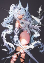  ass bird blue_eyes breasts feet_out_of_frame female gloves highleg highleg_leotard holding holding_sword holding_weapon large_breasts leotard long_hair looking_at_viewer original sleeveless solo sword twintails very_long_hair voruvoru weapon white_hair white_leotard 