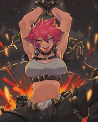  alchemy_stars armpits arms_up belt black_collar bracelet breasts collar commentary_request crop_top diforland ear_piercing eyebrow_piercing female highres jewelry jona_(alchemy_stars) medium_breasts midriff one_eye_closed open_mouth piercing pink_eyes red_hair short_hair smile solo spiked_bracelet spikes tongue tongue_out 