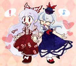  ! 2girls ahoge argyle_background black_footwear blue_dress blue_headwear bow closed_eyes commentary_request dress eighth_note footwear_bow frills fujiwara_no_mokou full_body grey_hair hairbow harunori_(hrnrx) hat hat_ribbon heart holding_hands kamishirasawa_keine long_hair long_sleeves multicolored_hair multiple_girls musical_note neckerchief open_mouth pants pink_background red_bow red_eyes red_footwear red_neckerchief red_pants red_ribbon ribbon shirt shoes short_sleeves smile spoken_exclamation_mark spoken_musical_note touhou two-tone_hair white_hair white_legwear white_shirt 