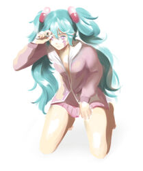  aqua_hair arrow_(symbol) bad_id bad_pixiv_id commentary expressionless facial_tattoo female full_body hair_ornament hands_up hatsune_miku high_fever_(module) holding jacket kneeling lavie_(bansheestrikes) long_hair miniskirt pajamas pill pink_eyes pink_jacket pink_pajamas pink_skirt project_diva_(series) skirt slow_motion_(vocaloid) solo tattoo twintails very_long_hair vocaloid white_background 