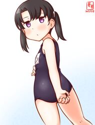  alternate_costume artist_logo black_hair black_one-piece_swimsuit commentary_request cowboy_shot dated female from_behind kanon_(kurogane_knights) kantai_collection looking_at_viewer looking_back name_tag one-hour_drawing_challenge one-piece_swimsuit purple_eyes school_swimsuit short_hair shounan_(kancolle) simple_background solo standing swimsuit twintails white_background 