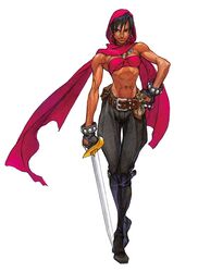  black_gloves black_hair breasts dark-skinned_female dark_skin dungeons_&amp;_dragons dungeons_&amp;_dragons:_shadow_over_mystara female gloves hand_on_own_hip hood korean_commentary midriff moriah navel nishimura_kinu official_art small_breasts solo standing third-party_source white_background 