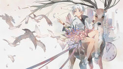  absurdres antlers bird black_shorts blue_eyes blue_flower building chinese_commentary cityscape clock coat commentary deer falling_feathers feathers female flower highres horns parted_lips pink_flower riding short_hair shorts sitting skyscraper solo tadatsu vocaloid vsinger white_coat white_hair wristband yanhe 