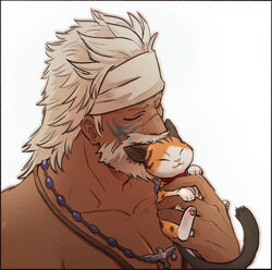  1boy animal bara beard dark-skinned_male dark_skin facial_hair feline final_fantasy final_fantasy_xiv hyur lyon_rem_helsos male_focus manly moustache muscular muscular_male pectorals protected_link shiba156_ff14 solo topless_male upper_body white_hair 