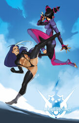  2girls ayane_anno biker_clothes bikesuit black_hair black_lipstick blue_eyes blue_hair blue_sky bodysuit breasts clenched_hand commission crossover dust_cloud eyepatch fighting fingerless_gloves full_body gloves gold_digger high_collar high_kick highres jumping juri_han kicking large_breasts lipstick makeup medium_breasts metalhanzo motion_blur multiple_girls one_eye_covered padded_gloves purple_eyes revealing_clothes scar scar_across_eye short_twintails silver_hair sky street_fighter street_fighter_v suspenders thong toeless_legwear toenail_polish toes twintails underboob watermark 