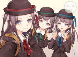  3girls arms_up artist_name backpack bag blue_little_pig_(sinoalice) blue_ribbon bowler_hat brown_jacket brown_skirt brown_vest commentary_request crime_prevention_buzzer double_v dress_shirt gradient_background green_little_pig_(sinoalice) green_ribbons hair_ribbon hat jacket leaning_to_the_side lf_(paro) long_hair long_sleeves looking_at_viewer low_twintails multiple_girls open_mouth photoshop_(medium) pink_background pleated_skirt purple_eyes purple_hair reality_arc_(sinoalice) red_little_pig_(sinoalice) red_ribbon ribbon school_uniform selfie shirt siblings sinoalice sisters skirt smile twintails upper_body v vest watermark web_address white_shirt yellow_background 