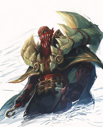  1boy armor bald bandana bandana_over_mouth belt black_gloves black_pants cape cropped_legs fingerless_gloves gloves glowing glowing_eyes highres holding league_of_legends looking_at_viewer male_focus pants pyke_(league_of_legends) solo spiked_armor weapon white_background white_eyes zoe_(crownsforkings) 