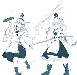  absurdres alcohol arrow_(projectile) blue_theme bow bow_(weapon) bubble closed_mouth cup female full_body hat hi_you_(flying_bear) highres holding holding_arrow holding_bow_(weapon) holding_weapon japanese_clothes kariginu long_hair long_sleeves looking_at_viewer monochrome mononobe_no_futo ponytail revision ribbon sakazuki sake simple_background skirt tate_eboshi touhou weapon white_background wide_sleeves 