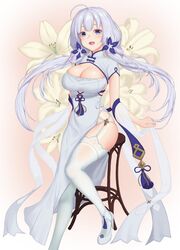  azur_lane baeg_mi blue_eyes breasts chair chinese_clothes cleavage commentary_request dress female floral_background flower hair_flower hair_ornament highres illustrious_(azur_lane) illustrious_(maiden_lily&#039;s_radiance)_(azur_lane) large_breasts long_hair looking_at_viewer official_alternate_costume on_chair open_mouth photoshop_(medium) solo thighhighs white_hair white_thighhighs 